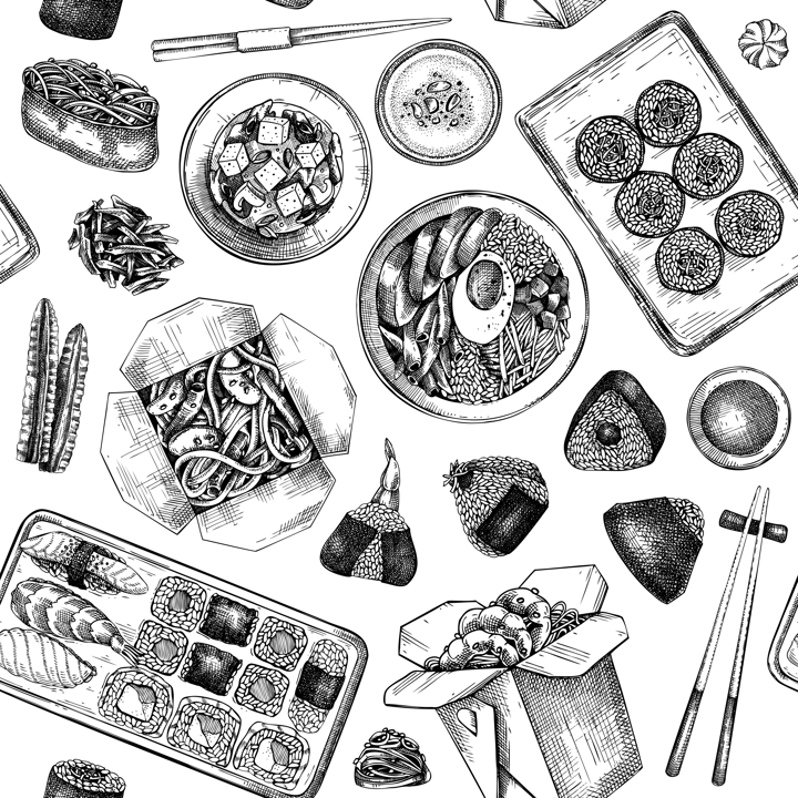Asian food background. Japanese cuisine seamless pattern. Hand-drawn vector illustration in engraved style. NOT AI generated